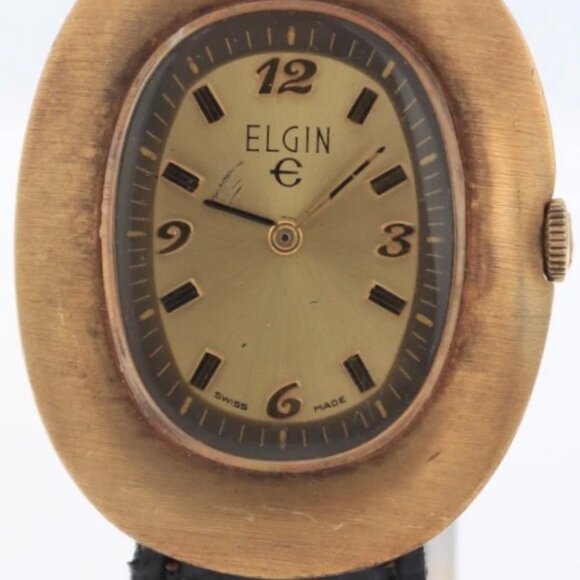 Vintage Elgin Egg Gold Sunburst Men's Mechanical Wristwatch 977 Swiss Gold Tone - Picture 4 of 5